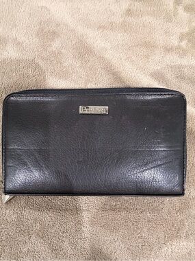 Perlina Black Leather Zip-Around Wallet with Metal Logo
